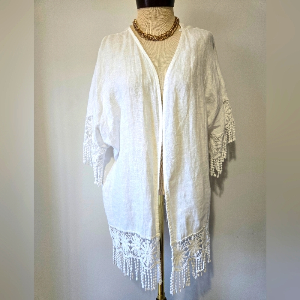 Valentina Naldi 100% Linen Open Front Tunic/Cover Up. Floral,Fringe Hem. O/S